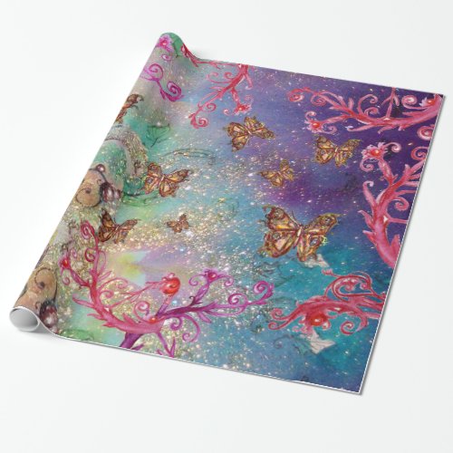 BUTTERFLIES IN GOLD YELLOW AQUA BLUE SPARKLES WRAPPING PAPER