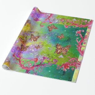 BUTTERFLIES IN GOLD YELLOW PURPLE GREEN SPARKLES WRAPPING PAPER