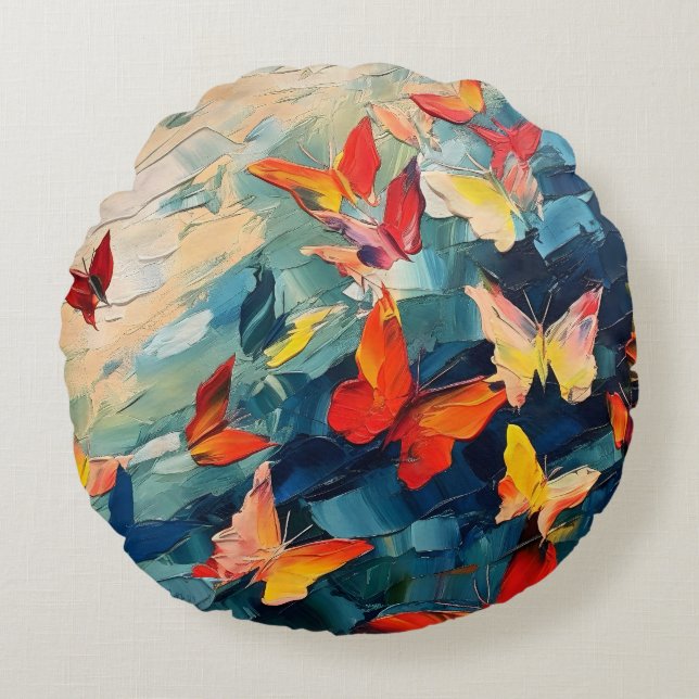 Butterflies in Motion – Expressive Abstract Flight Round Pillow (Front)