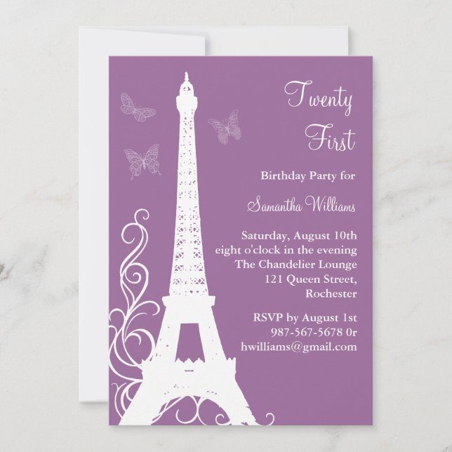 Butterflies in Paris 21st Birthday Invite purple (Front)