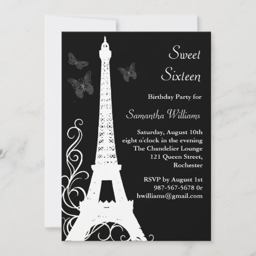 Butterflies in Paris Birthday Invite black