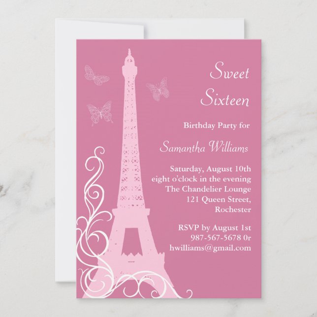 Butterflies in Paris Birthday Invite pink (Front)