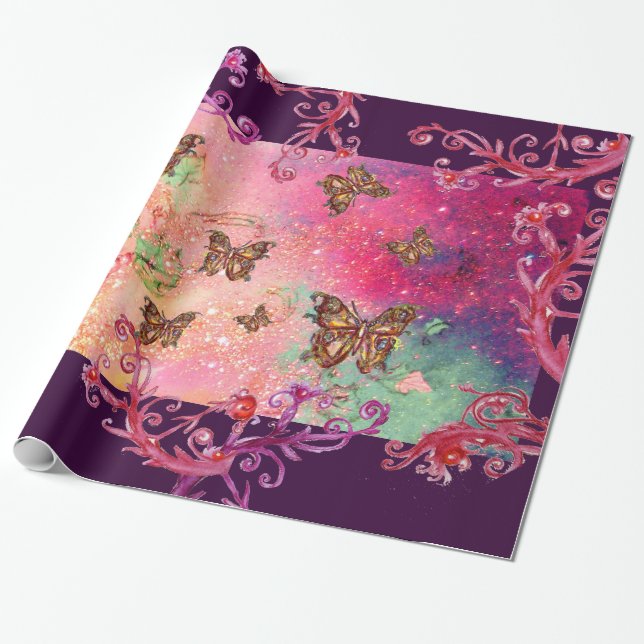 BUTTERFLIES IN PINK SPARKLES-MAGIC BUTTERFLY PLANT WRAPPING PAPER (Unrolled)