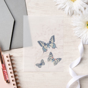 Butterflies inked art blue coral cream wedding vellum invitations