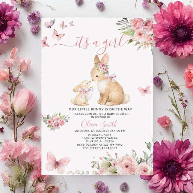 Butterflies It's a Girl Bunny Baby Shower Invitation (Creator Uploaded)