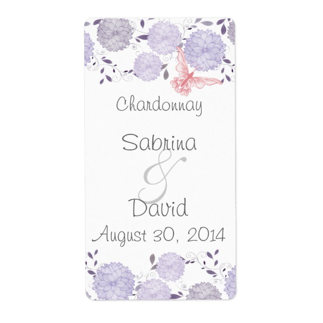 Butterflies & Lavender Chrysanthemums Wedding Wine Label (Front)