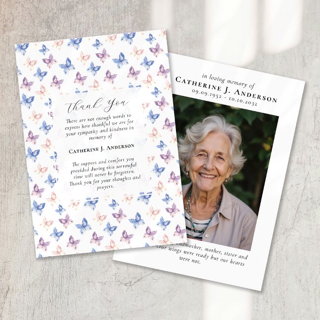 Butterflies Lilac Blue Sympathy Photo Funeral Thank You Card (Creator Uploaded)