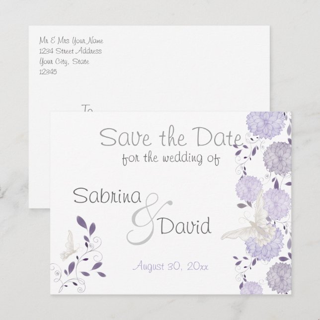 Butterflies & Lilac Chrysanthemum Save the Date Announcement Postcard (Front/Back)