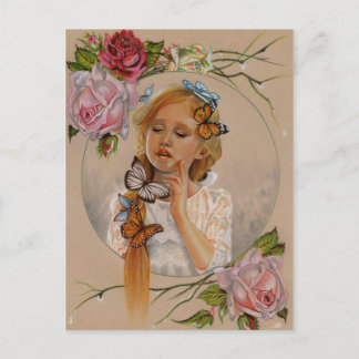 Butterflies little girl roses postcard