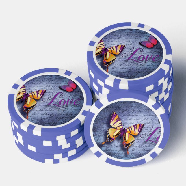 Butterflies love blue poker chips (Stack)