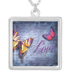 Butterflies love blue silver plated necklace