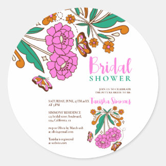 Butterflies Lovers Pink Floral Script Bridal Classic Round Sticker
