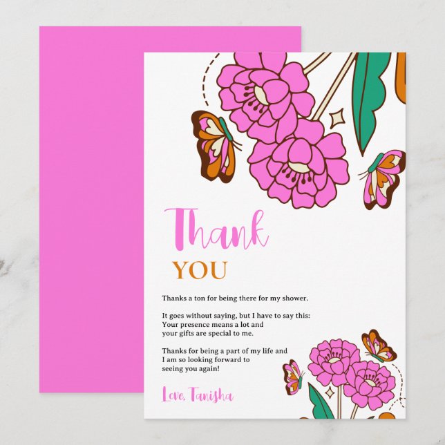 Butterflies Lovers Pink Floral Script Bridal Thank You Card (Front/Back)