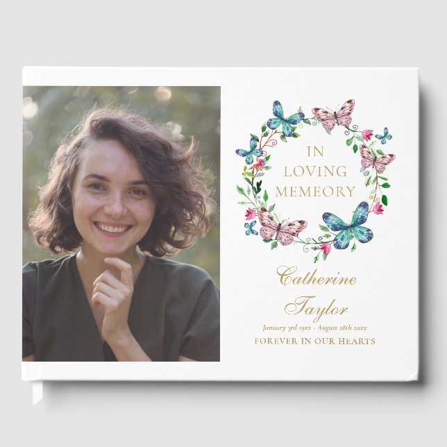 Butterflies Loving Memory Memorial Funeral Photo Guest Book (Front)