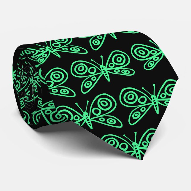 Butterflies - Mint Green on Black Neck Tie (Rolled)