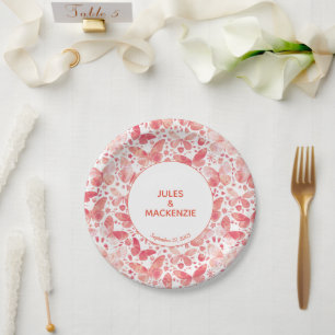 Butterflies Modern Watercolor Coral Pink Wedding Paper Plates