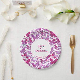 Butterflies Modern Watercolor Magenta Pink Wedding Paper Plates