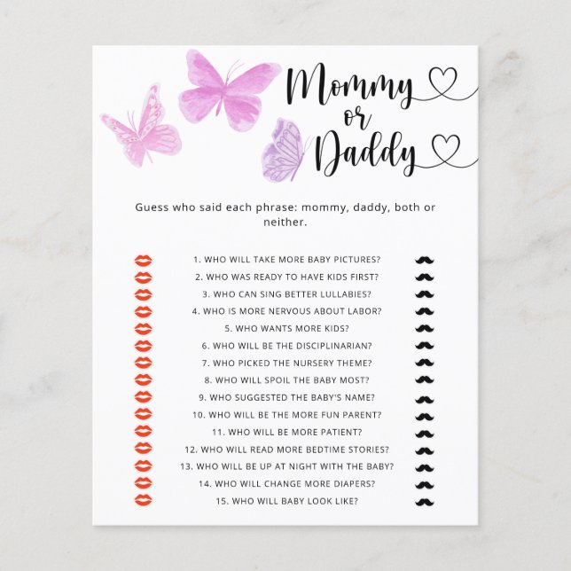 Butterflies - mommy or daddy baby shower game (Front)