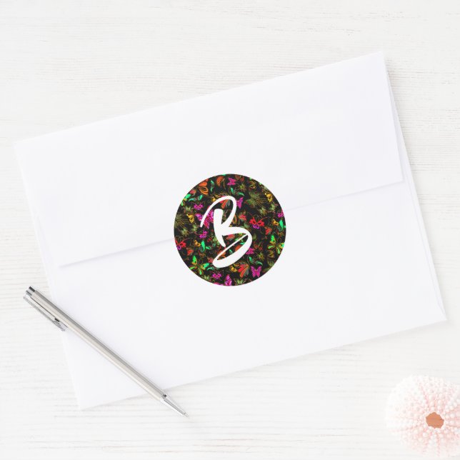 Butterflies monogram classic round sticker (Envelope)