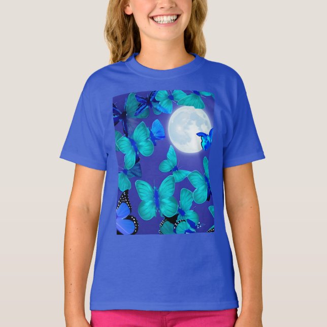 Butterflies & Moths in a Blue Moonlit Sky Kid's T-Shirt (Front)