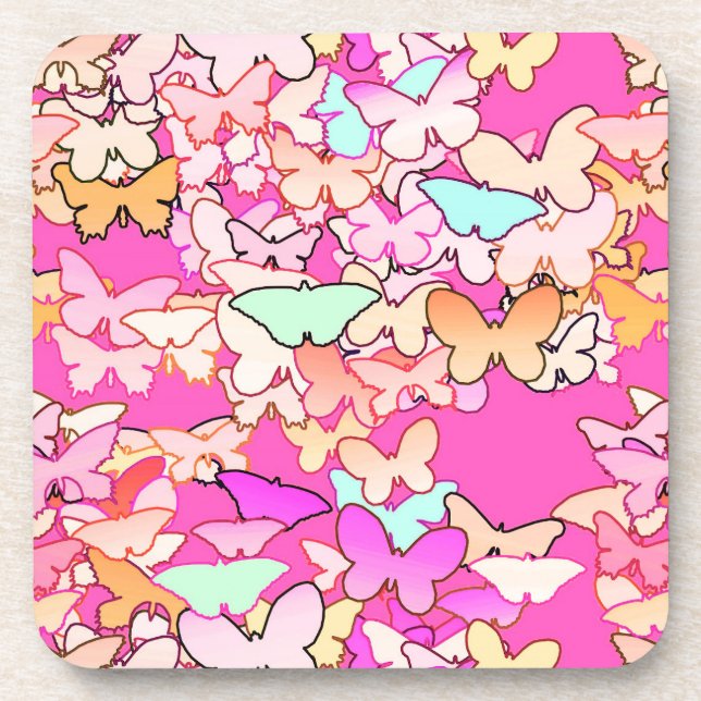 Butterflies, multi and deep pink beverage coaster (Front)
