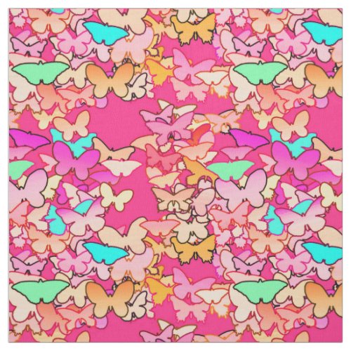 Butterflies multi and deep pink fabric