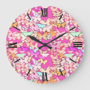 Butterflies, multi and deep pink large clock
