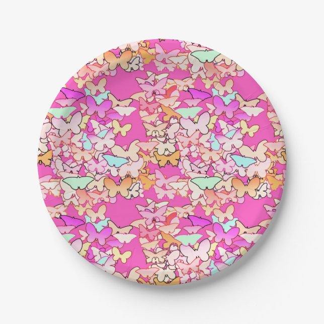 Butterflies, multi and deep pink paper plates (Front)