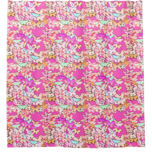 Butterflies, multi and deep pink shower curtain (Front)