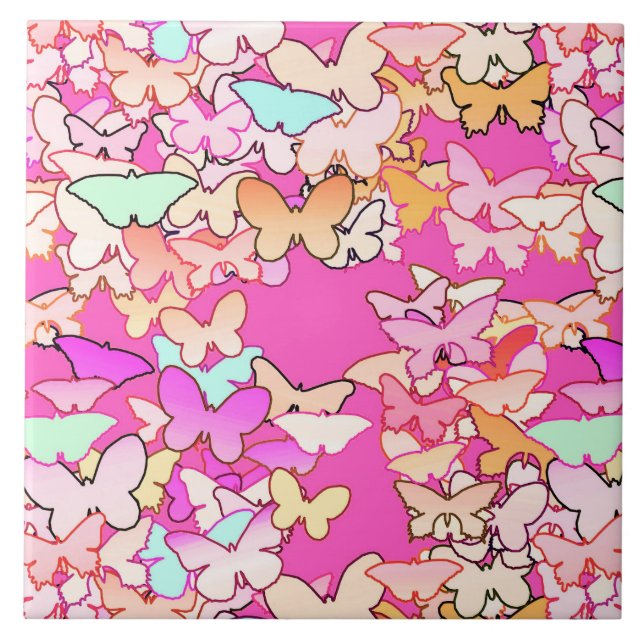 Butterflies, multi and deep pink tile (Front)