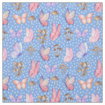 Butterflies &amp; Mushrooms on Blue Fabric