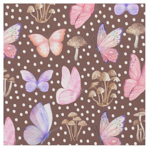 Butterflies & Mushrooms on Brown Fabric