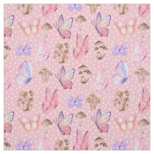 Butterflies & Mushrooms on Bubblegum Pink Fabric