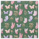 Butterflies &amp; Mushrooms on Dark Green Fabric