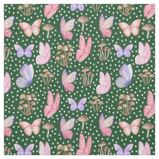 Butterflies & Mushrooms on Dark Green Fabric