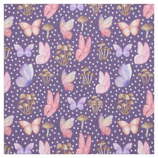 Butterflies & Mushrooms on Dark Purple Fabric