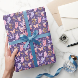 Butterflies & Mushrooms on Dark Purple Wrapping Paper