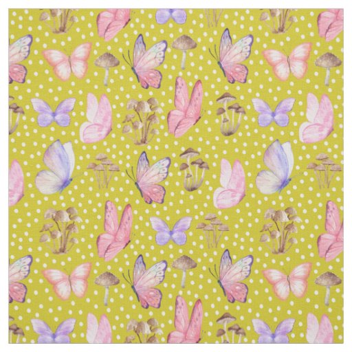 Butterflies & Mushrooms on Dark Yellow Fabric