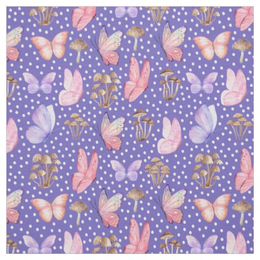 Butterflies & Mushrooms on Iris Blue Fabric