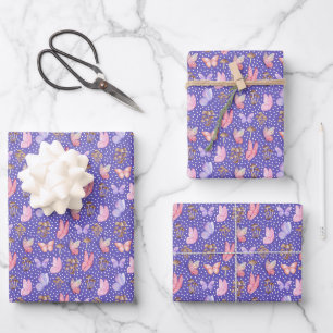 Butterflies & Mushrooms on Iris Blue Wrapping Paper Sheets