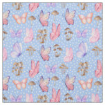 Butterflies &amp; Mushrooms on Light Blue Fabric