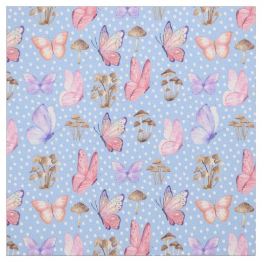 Butterflies & Mushrooms on Light Blue Fabric