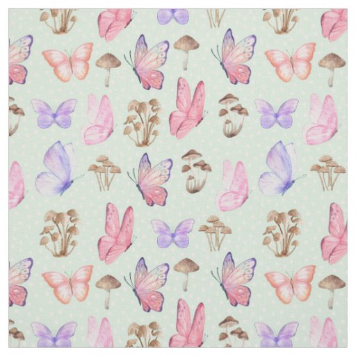 Butterflies & Mushrooms on Light Green Fabric