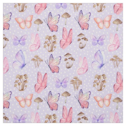 Butterflies & Mushrooms on Light Purple Fabric