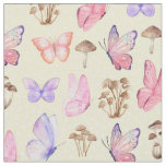 Butterflies &amp; Mushrooms on Light Yellow Fabric