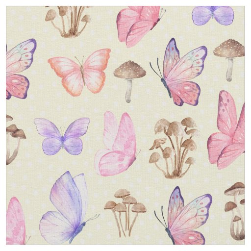 Butterflies & Mushrooms on Light Yellow Fabric