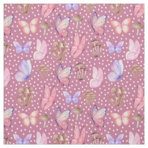 Butterflies & Mushrooms on Purplish Pink Fabric