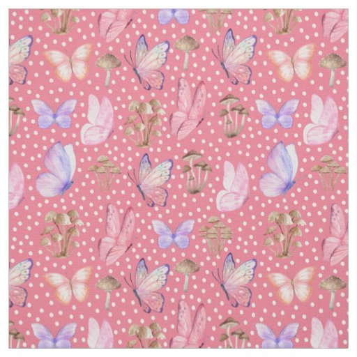 Butterflies & Mushrooms on Rouge Pink Fabric