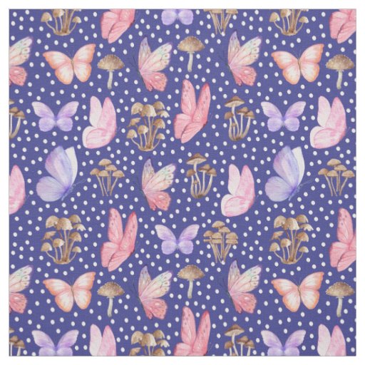 Butterflies & Mushrooms on Royal Blue Fabric