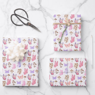 Butterflies & Mushrooms on White Wrapping Paper Sheets